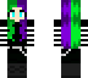emo splitted hair (purple and green), striped sleeves, combat boots