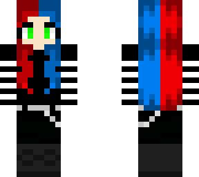emo splitted hair (red and blue), long hair, combat boots, striped sleeves