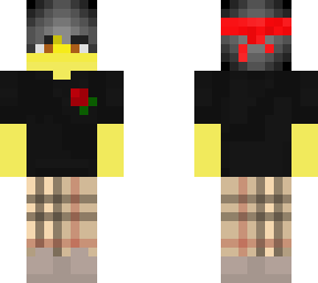male - black shirt - rose - plaid pants - gray shoes - bandana