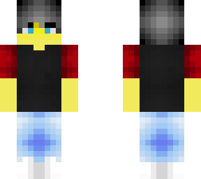 male - black shirt - red sleeves - white stripes - jeans - white shoes
