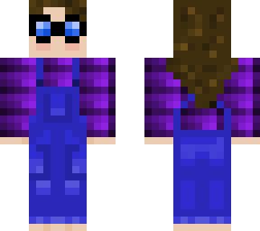 improved girl in purple plaid and overalls