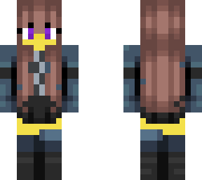 female - dark blue clothing - black skirt - brown hair