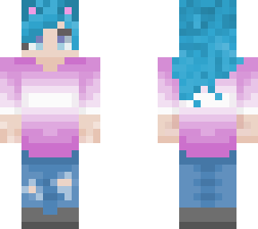blue-haired catgirl with pink top and jeans (v2: changed hair)