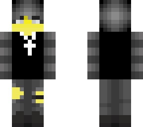 male - cross chain - black shirt with stripe sleeves - ripped jeans