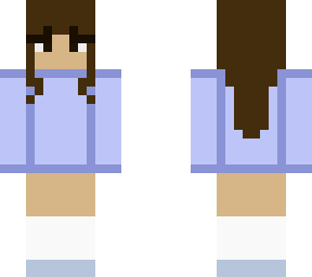 brown haired girl with blue sweater