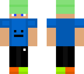 green hat blue shirt black pant man
