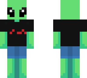 alien in a black t-shirt with red text