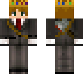 blond boy in suit with some blood on the axe