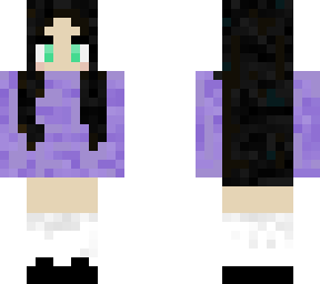 girl with black hair, purple jacket and teal eyes