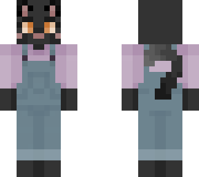 black cat in overalls, purple shirt