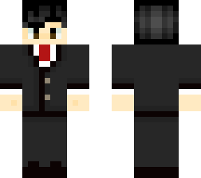 black hair, black suit, red tie