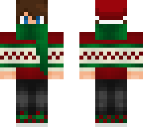 christmas sweater with green scarf and beanie
