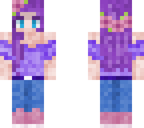 purple haired girl in off shoulder top, jeans and flower crown