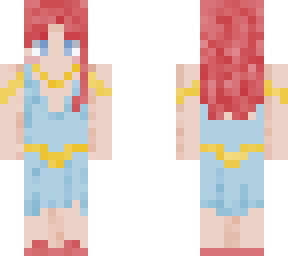 red haired girl in pale blue dress, gold accessories