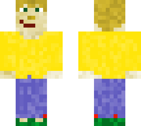 person with yellow, shirt blue pants, and green shoes.