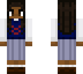 blue and red sweater vest with white blouse, gray skirt and boots