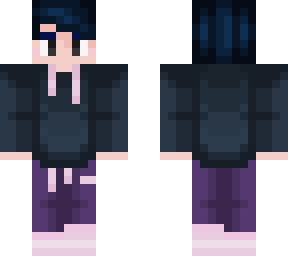 blue haired boy with blue grey hoodie , pale purple pants, and light pink socks.