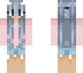 blue haired girl pink sweater deniam shorts