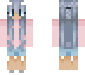 blue haired girl pink sweater deniam shorts