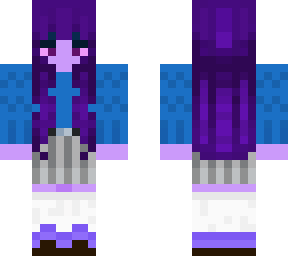 purple girl with blue sweater grey shorts