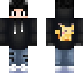 black hair boy, pickachu logo on back