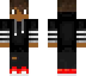 dark skinned boy w/ black hoodie, stripped sleeves n red shoes