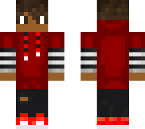 dark skinned boy w/ red hoodie, stripped sleeves n red shoes