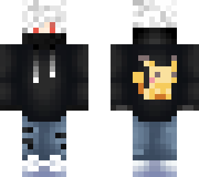 white haired dude in black hoodie with pikachu