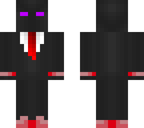 black suit with red accents and purple eyes