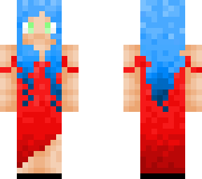 blue haired girl in red dress