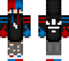 red-blue haired boy with black adidas hoodie and fire hands (robo hand)