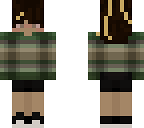 dark drown hair w blonde streaks, green and brown sweater, black shorts