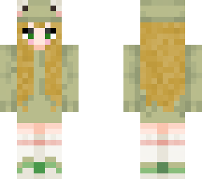 girl in frog hoodie; green eyes and blonde hair