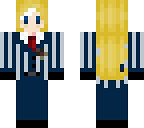 revived/withered blonde girl in pinstripe suit with ram horns