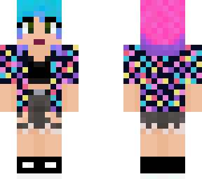 girl with teal, purple, pink hair and 80s button up