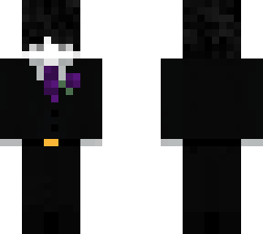 black hair black suit, purple flower