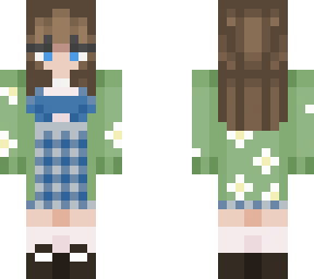 brown hair blue plaid dress with green cardigan