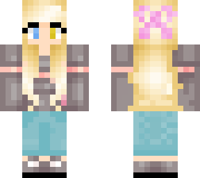 blonde female with 2 different colored eyes and pink ribbon hair accessory