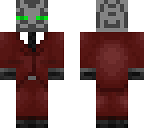grey ender man in red suit with and green eyes