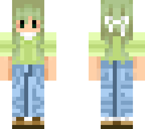 green tee and jean's with green hair ig?