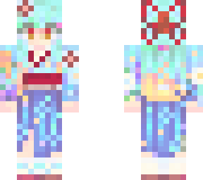 kimono girl lightblue hair with red eyes and accents
