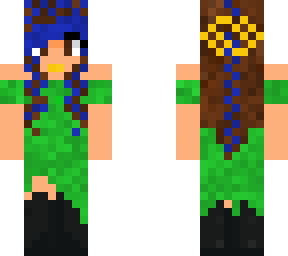 blue & brown haired person in a green dress