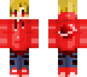 cool teenager with a hoodie that likes red and uses red all the time he is blond