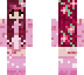 cherry girl ?? red hair with vines, pink outftit + brown eyes