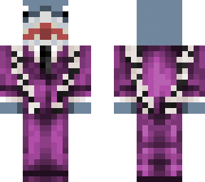 shark in purple suit with zebra stripe suspenders