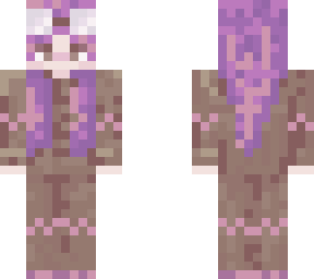 brown pajamas, purple hair.