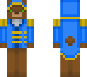 a bear in a blue outfit