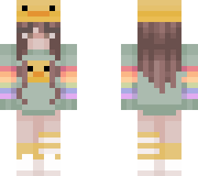 fixed short brunette with green eyes and duck hat/shirt