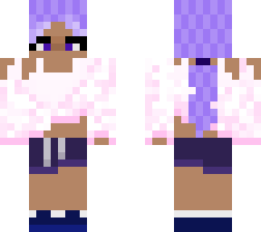 purple haired girl with pink comfy outfit