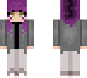 purple hair grey cardigan